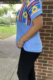 GJQ10633 Blue/yellow/rust red color printed Aztec V-neckline short sleeve women blue tops(DS8)