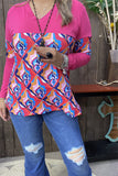 BQ15582 Floral multi color printed & fuchsia long sleeve women tops
