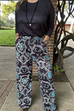 GJQ15672  Black 3/4 sleeve top&paisley turquoise/white color printed  pant 2pcs women sets