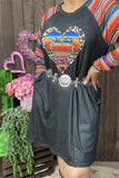 DLH12143 Black & Serape leopard heart printed raglan long sleeve women dress w/side pockets