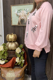 XCH15220 Santa Claus sequin patch in the baby pink bottom side split long sleeve women blouse