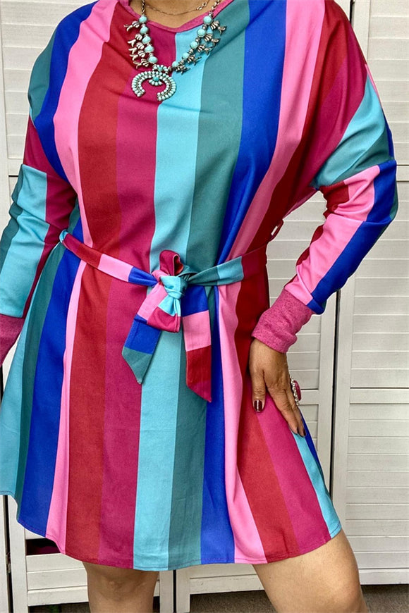 BQ6972  Multi-color striped long sleeve women dress w/waist band