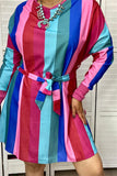 BQ6972  Multi-color striped long sleeve women dress w/waist band