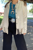 XCH15455 Suede fabric long sleeve w/fringe&tassel w/turquoise button women beige jackets/coats