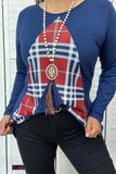 FW5687 Navy blue long sleeve women top w/ plaid multi color print (ES11)