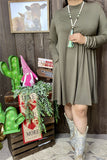 YMY11950-1 Solid olive green long sleeve dress w/pockets (AS15)