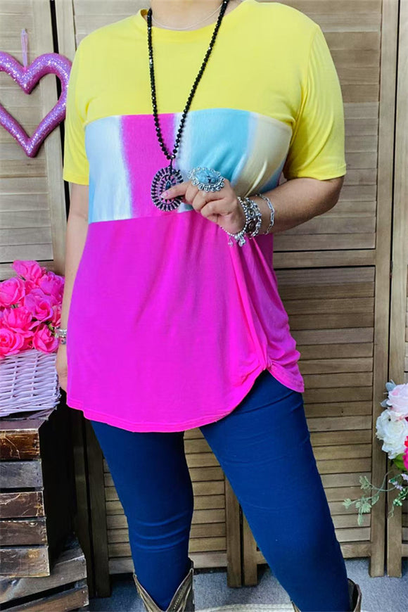 GJQ8707-2 Yellow/pink & multi color block printed short sleeve top (es7)