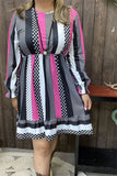 GJQ15313 Dots&multi color striped printed long sleeve w/elastic ruffle cuff w/side pockets women dress