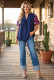 Western pink flower embroidery navy blue women's boutique top Southern Stitch XCH16730 DS2