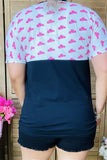 DLH9954 Pink hats block black printed short sleeve with front pocket women tops (GS9)