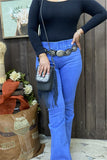 S009 Elastic band waist long straight women blue pants