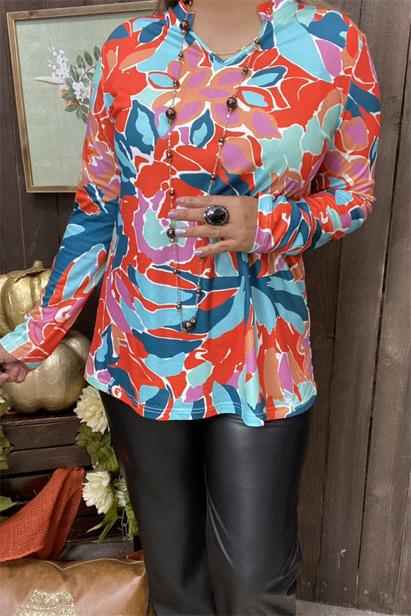 GJQ15632 Floral multi color printed V-neckline long sleeve women tops