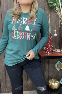 DLH10325 "MERRY CHRISTMAS"graphic multi color printed long sleeve green women tops