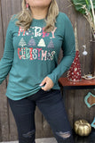 DLH10325 "MERRY CHRISTMAS"graphic multi color printed long sleeve green women tops