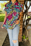 BQ15644 Multi color leopard printed double ruffle/black pompom short sleeve &ruffle neckline women tops w/string