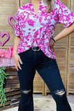 BQ15863 Fuchsia paisley printed short sleeve w/double fold trim women top w/V-neckline