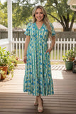 Trendy blue floral print puff sleeve women's boutique dress Southern Stitch GJQ17294(AS11)