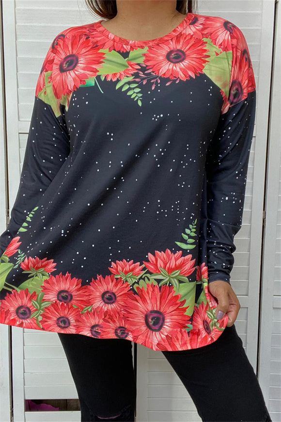 XCH13659 Sunflower&black block printed long sleeve women tops (FS2)