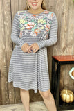 XCH11733 Gray/white striped & floral printed long sleeve w/side pockets women dress (AS1)