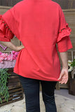 BQ15871 Short sleeve w/double ruffle&bronze stud women blouse