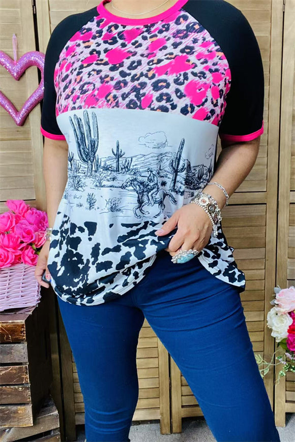 XCH14677 Leopard & riding horse & Cow multi color printed black block short sleeve women tops (DS3)