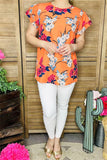 GJQ15656 Floral multi color printed short sleeve/double ruffle women orange tops
