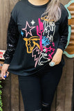 XCH15788 Yellow horse/Fuchsia cactus multi color graphic embroidery  long sleeve w/black sequin women tops