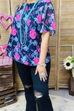 XCH15893 Fuchsia floral multi color printed short sleeve navy women tops