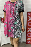 XCH14530 Paisley & Leopard fuchsia/teal heart multi color printed short sleeve women dress