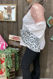 BQ13928 Leopard/ Coral sequin bell raglan long sleeve women light pink blouse  (DS2)