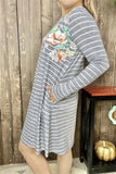 XCH11733 Gray/white striped & floral printed long sleeve w/side pockets women dress (AS1)