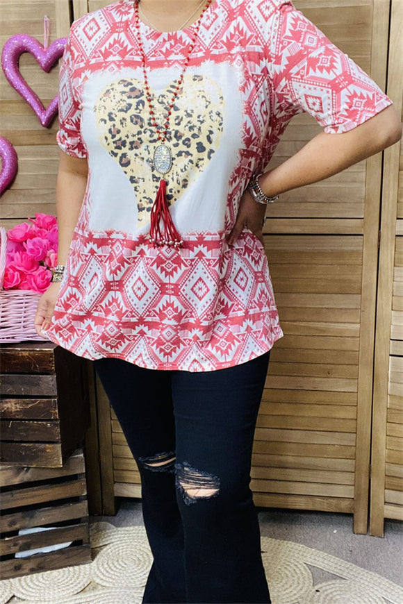 DLH12146  Leopard hearts&rust red Aztec printed short sleeve women tops