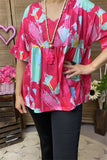 XCH15921 Fuchsia/mint multi color graphic printed drop-shoulder short sleeve baby doll women blouse