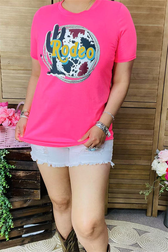 DLH11012-1 Neon pink RODEO printed short sleeve women top  (GS10)