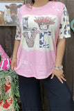 DLH13669 "LVE"letter& leopard graphic multi color printed short sleeve women pink top