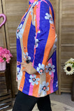 BQ15682 Navy/pink/orange stripe&sunflower multi color printed 3/4 sleeve women top w/V-neckline