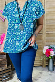 GJQ15935 Small floral white/green printed short sleeve w/ruffle V-neckline women blue tops