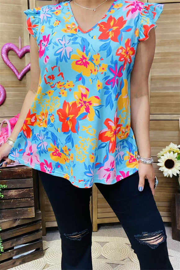 GJQ15909 Coral&yellow floral multi color printed short sleeve w/ruffle V-neckline women tops