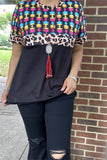 GJQ12647 Black Aztec & leopard multi color printed short sleeve women top  (AS12)