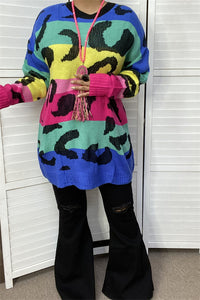 MY13437 Multi color leopard knitted long sleeve women sweater/tunic