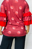 YMY9810-2 Burgundy  polka dot printed blouse with red double ruffle 3/4 sleeve for women (FS11)