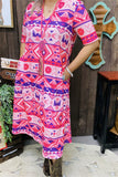 GJQ15744 Purple/fuchsia/pink Aztec multi color printed short sleeve women dress w/side pockets