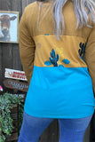 GJQ13400 Blue/ginger block color w/cactus printed long sleeve women top (DS4)