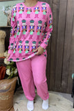 DLH15362 "Small people"printed long sleeve top &solid pink pants women pajamas sets