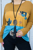 GJQ13400 Turquoise & brown color block cactus printed long sleeve women top (DS4)