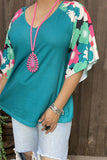 XCH15714 Floral multi color printed short /bell sleeve teal women tops &raglan design