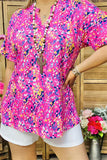 GJQ15843 Yellow floral multi color printed short sleeve V-neckline women tops w/side slits