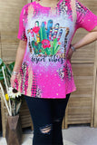 XCH12443 "DESERT VIBES" cactus multi color printed short sleeve pink women top