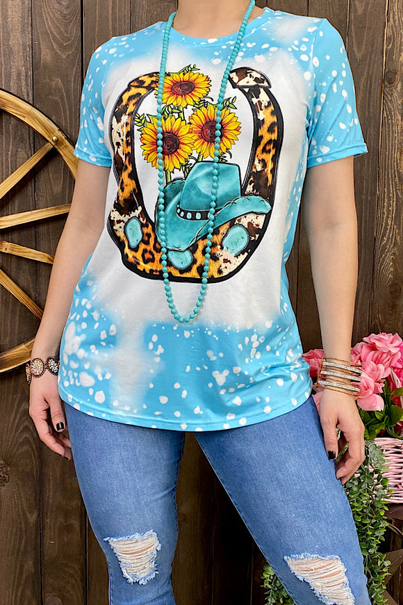 DLH0824-20 Blue horse shoe hat & sunflower printed t-shirt (GS5)