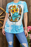 DLH0824-20 Western horse shoe & hat & sunflower tie dye blue women t-shirt (IS16)